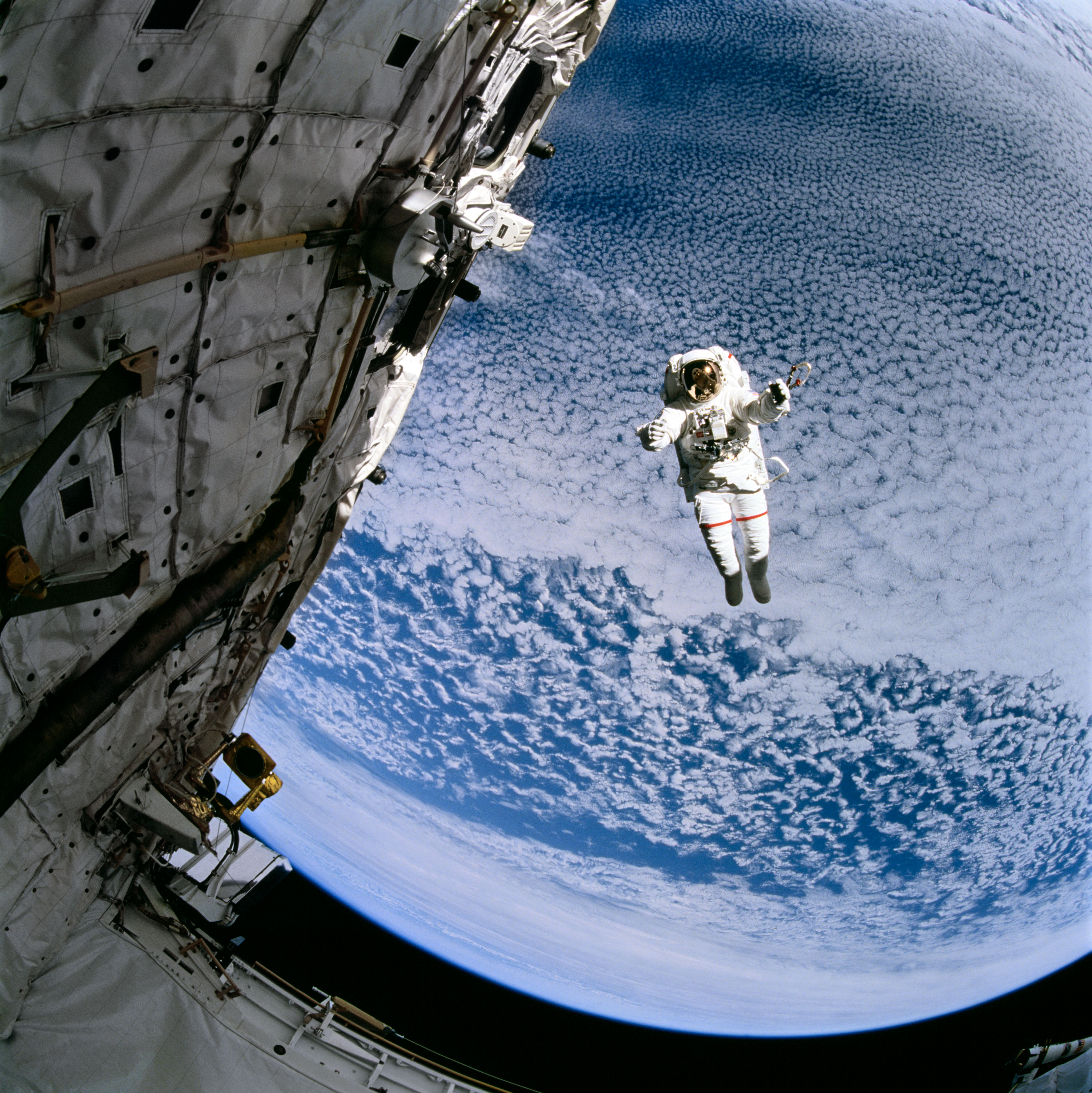 Astronaut Mark C. Lee tests the Simplified Aid for EVA (Extravehicular Activity) Rescue (SAFER) during an untethered spacewalk