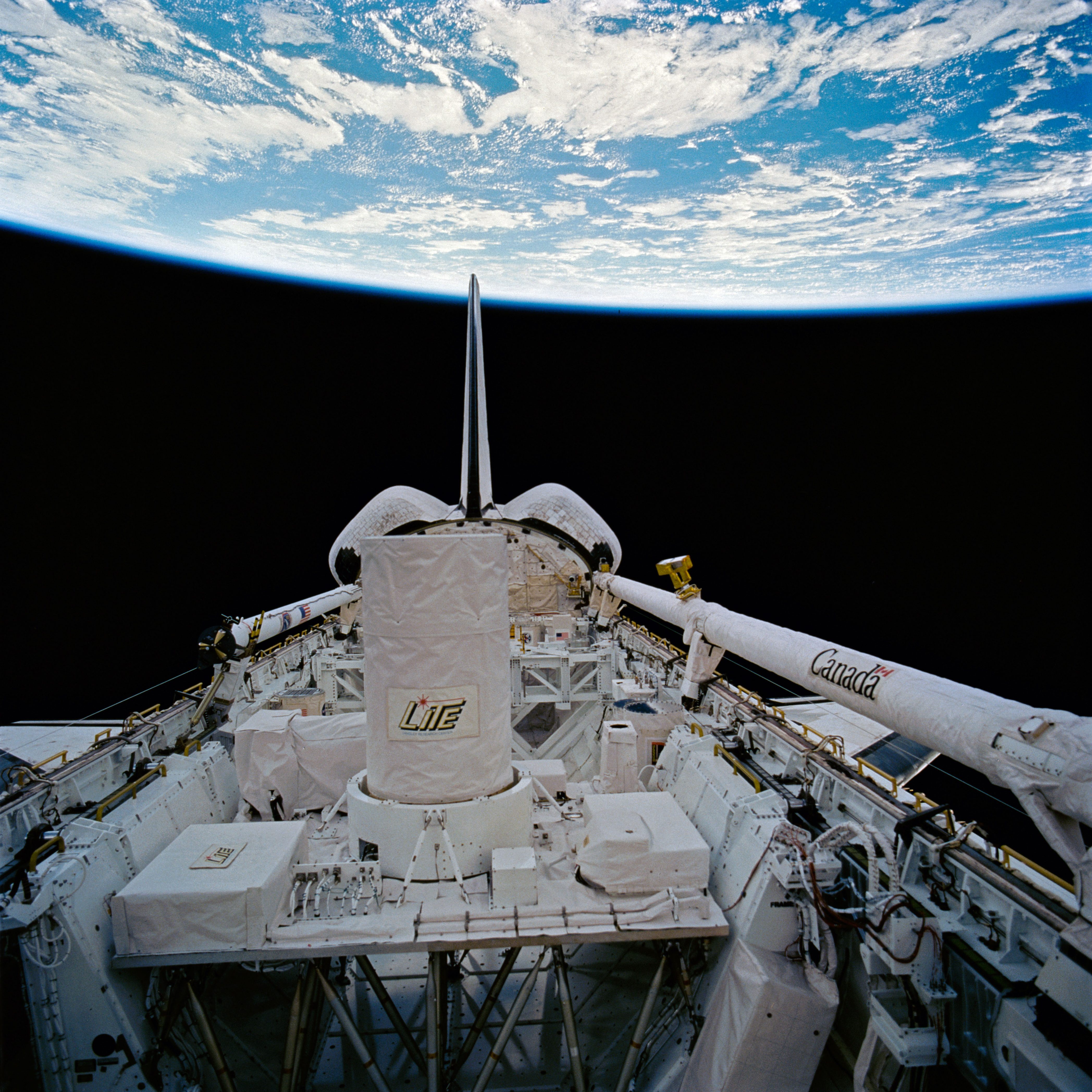 LIDAR (light detection and ranging) In-space Technology Experiment (LITE) telescope in Discovery's payload bay