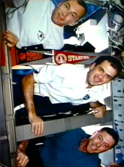 The STS-68 Red Team of Terrence W. Wilcutt, top, Wisoff, and Michael A. Baker in their sleep bunks