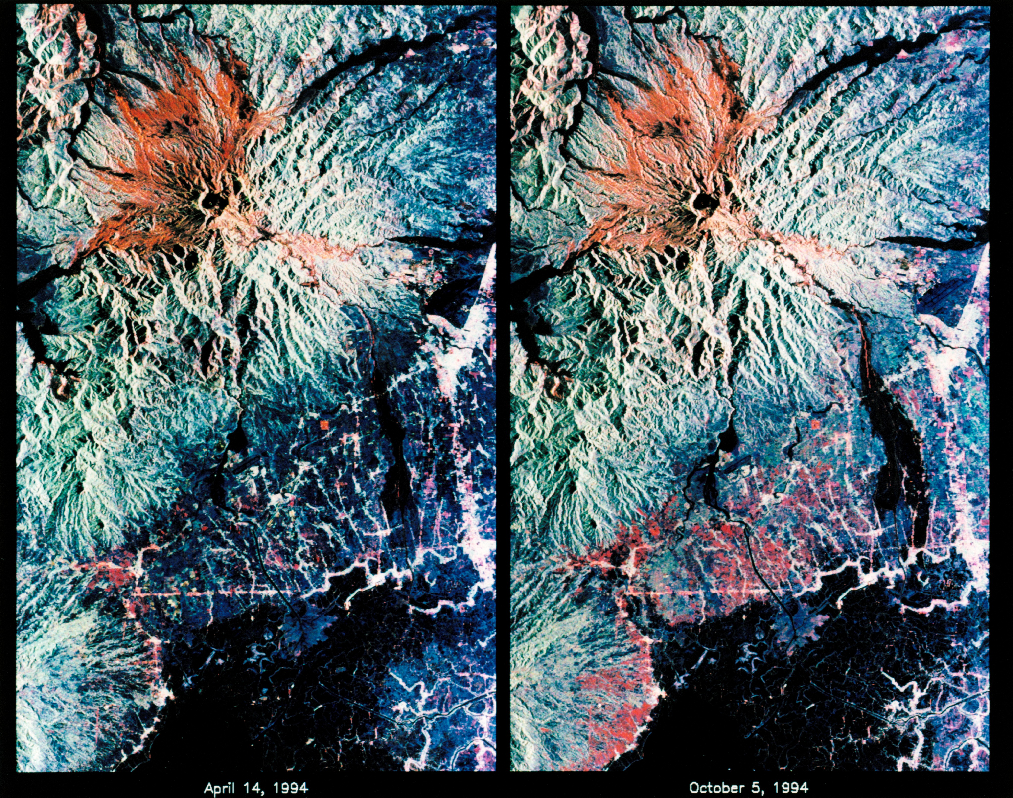 Comparison of radar images of Mt. Pinatubo in The Philippines taken during SRL-1 in April 1994 and SRL-2 in October 1994