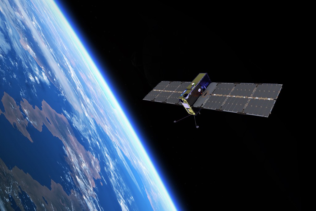 Image of the Pathfinder Technology Demonstrator Mission 3 against a black starry sky. The spacecraft has its solar arrays deployed and is facing Earth in the lower left hand corner.