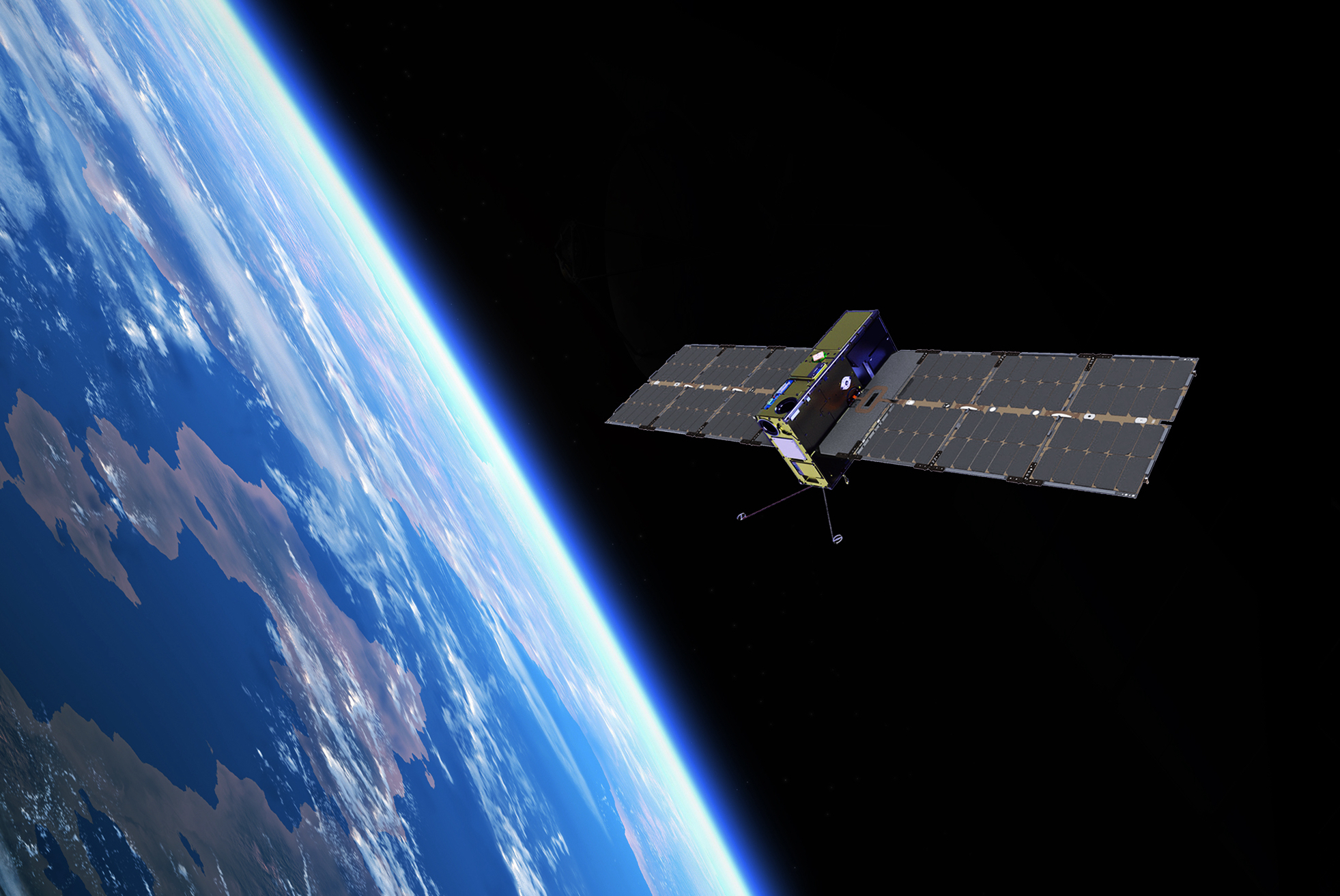 Image of the Pathfinder Technology Demonstrator Mission 3 against a black starry sky. The spacecraft has its solar arrays deployed and is facing Earth in the lower right hand corner.