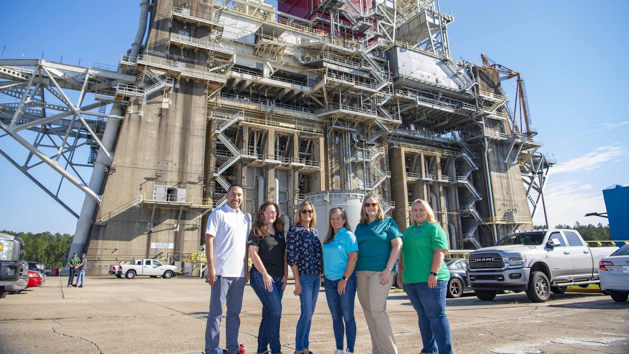 Representatives of NASA’s Space Flight Awareness Program are shown at the Thad Cochran Test Stand