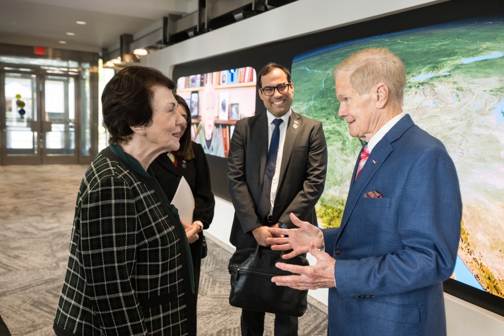 Sonia Guzmán, ambassador of the Dominican Republic to the United States of America, speaks with NASA Administrator Bill Nelson before a ceremony to handover the previously signed Artemis Accords, Friday, Oct. 25, 2024, at the Mary W. Jackson NASA Headquarters building in Washington. Guzmán signed the Artemis Accords on behalf of the Dominican Republic on Oct. 4, 2024.