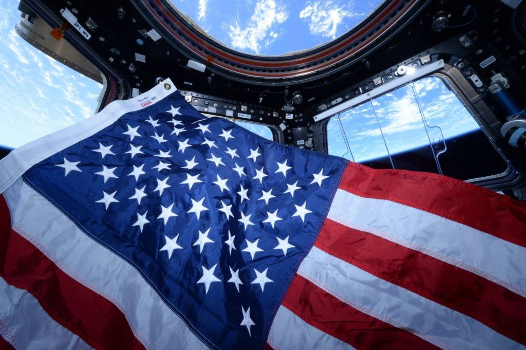 Celebrating Flag Day on June 14, 2015, NASA astronaut Scott Kelly took this photograph in the cupola of the International Space Station.