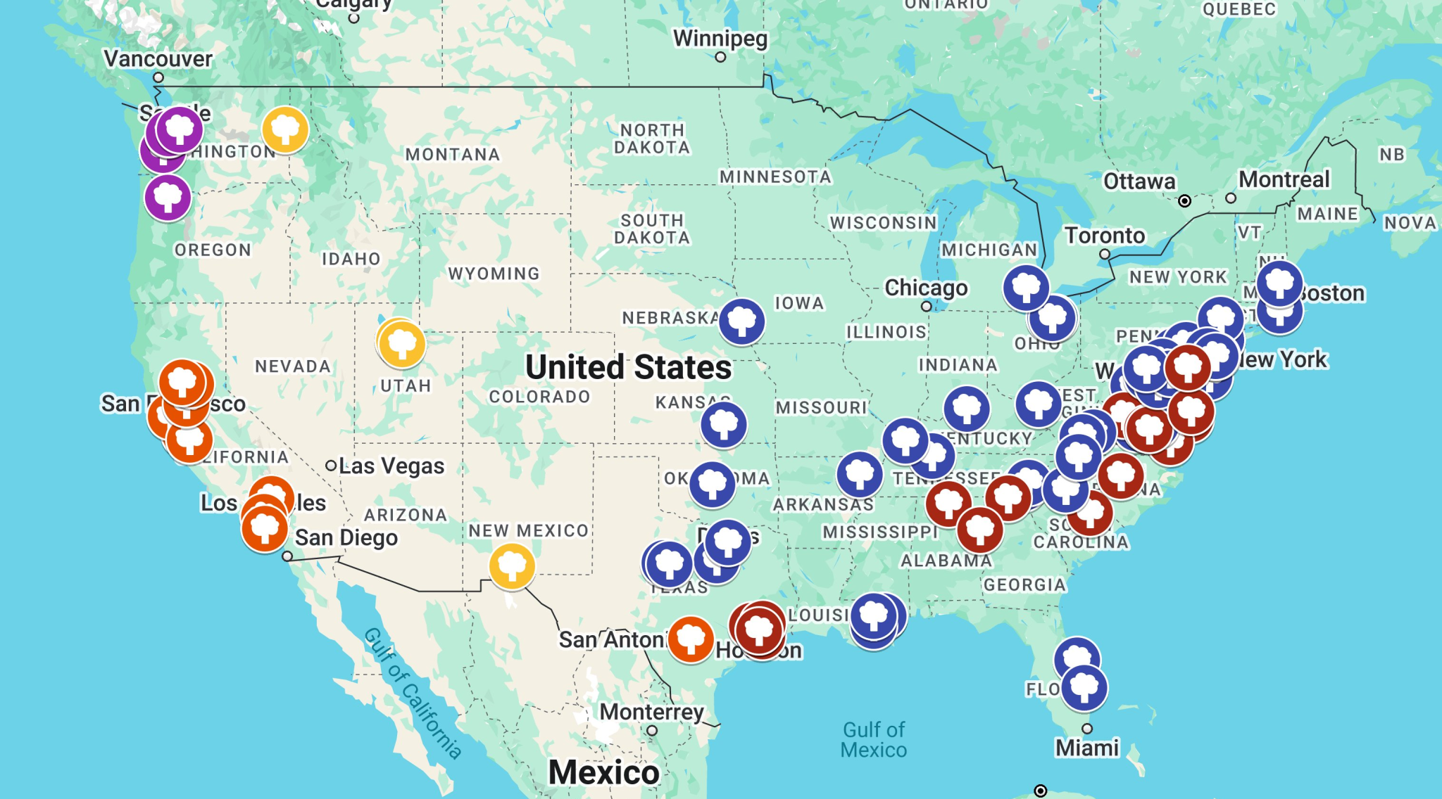 A map of the United States with many colored location markers on it, each representing a type of tree planted by a school/organization. There is a large concentration on the East Coast.