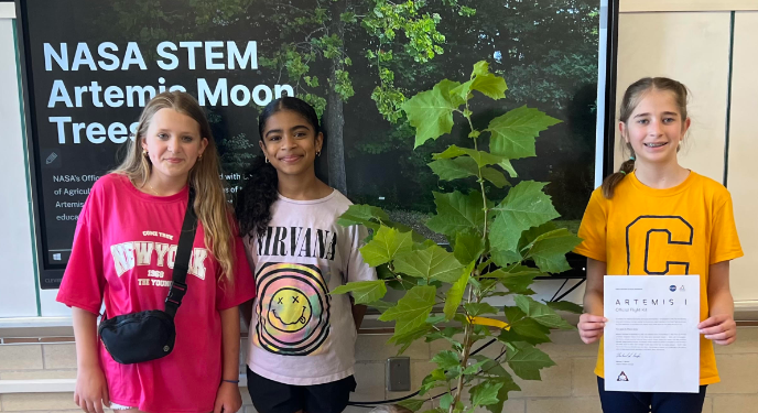 Three students standing next to an Artemis tree with a bulletin board in the background that reads NASA STEM Artemis Moon Trees