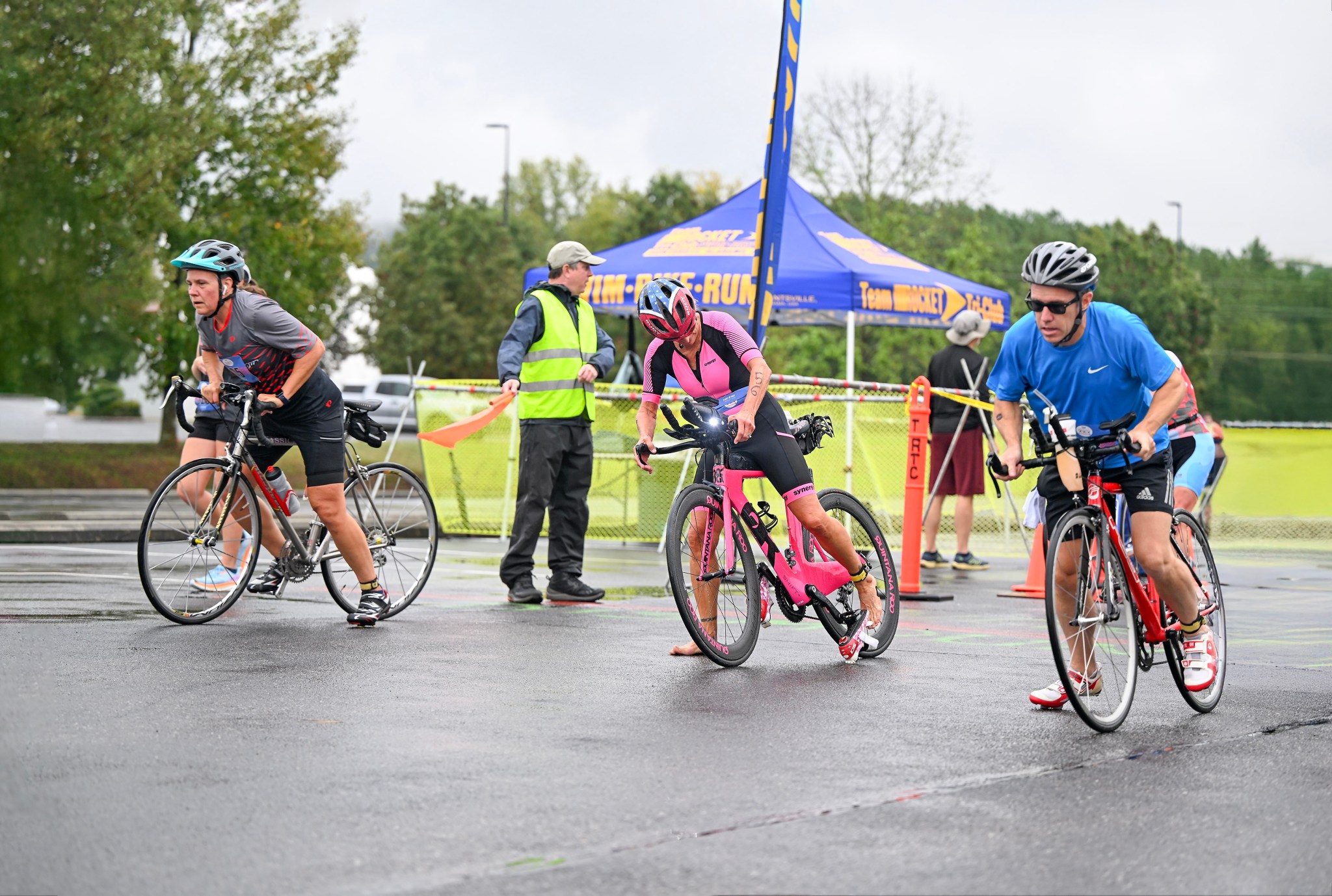 Participants take off in the bike portion of the “Racin’ the Station” duathlon.