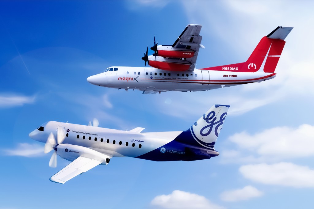 Artist renderings of NASA EPFD's two flight demonstrator aircraft are depicted flying against a blue sky background with wispy clouds. The top aircraft is magniX's modified DeHavilland "Dash 7" aircraft featuring a red and white paint scheme with partner logos. The bottom aircraft is GE Aerospace's modified Saab 340B aircraft with a dark blue and white paint scheme along with partner logos.