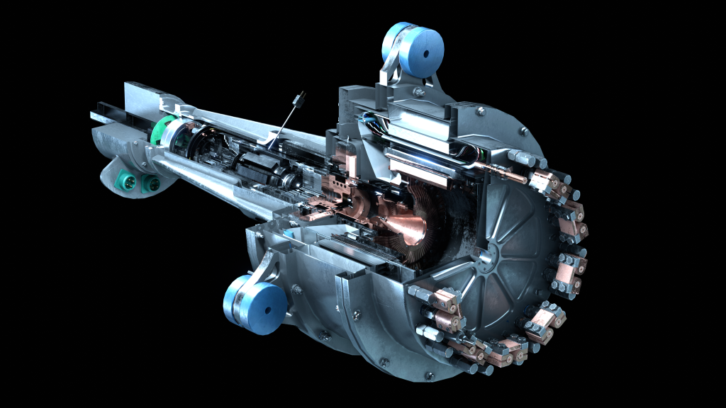 Artist render of the inside of an electric aircraft motor with various internal components visible.