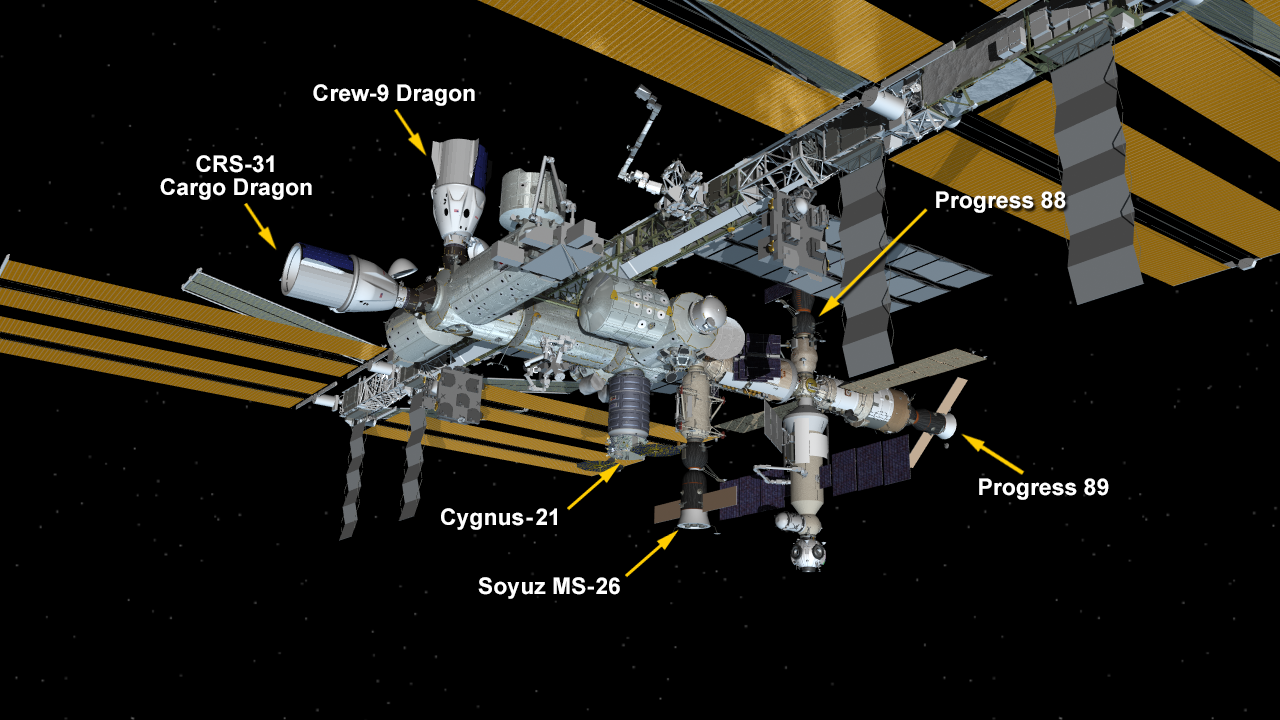 Nov. 5, 2024: International Space Station Configuration. Six spaceships are parked at the space station including the SpaceX Dragon Freedom, the SpaceX Dragon cargo spacecraft, the Northrop Grumman Cygnus resupply ship, the Soyuz MS-26 crew ship, and the Progress 88 and 89 resupply ships.