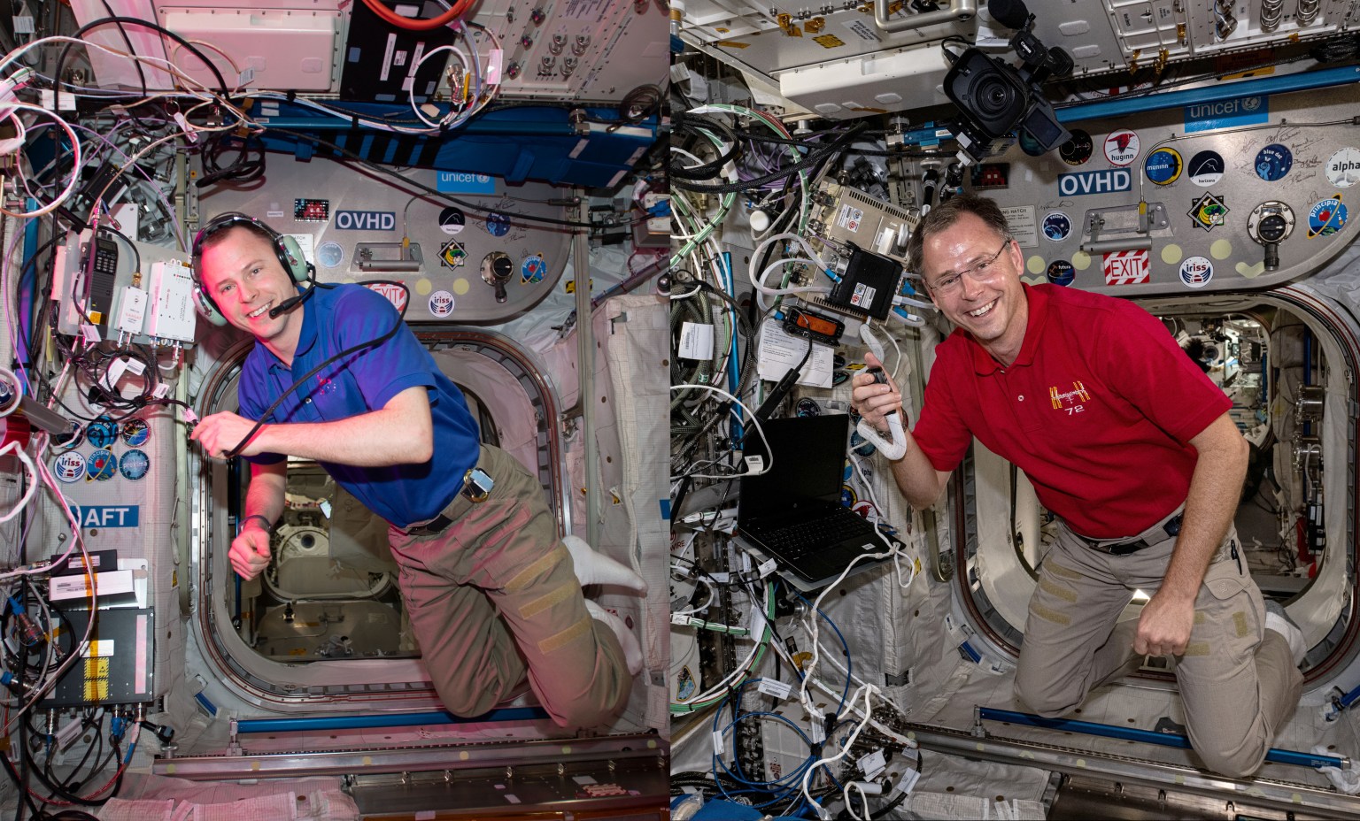 NASA astronaut Nick Hague with the International Space Station’s amateur or ham radio equipment during his current mission (right) and a previous flight five years ago (left)