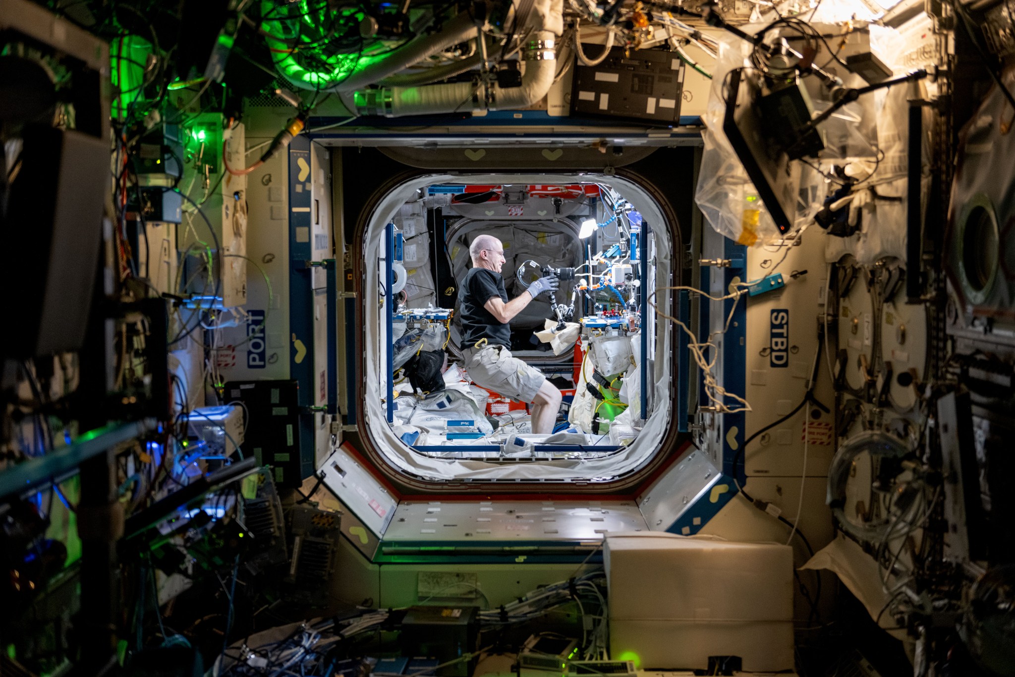 iss072e098102 (Oct. 23, 2024) -- NASA astronaut and Expedition 72 Flight Engineer Don Pettit is pictured setting up one of his "Science of Opportunity" experiments aboard the International Space Station. For this specific experiment, Pettit grew thin wafers of water ice using the orbiting lab's freezer, and photographed them in front of a white, blank computer screen and polarizing filter to display the colorful fragments of ice crystals.