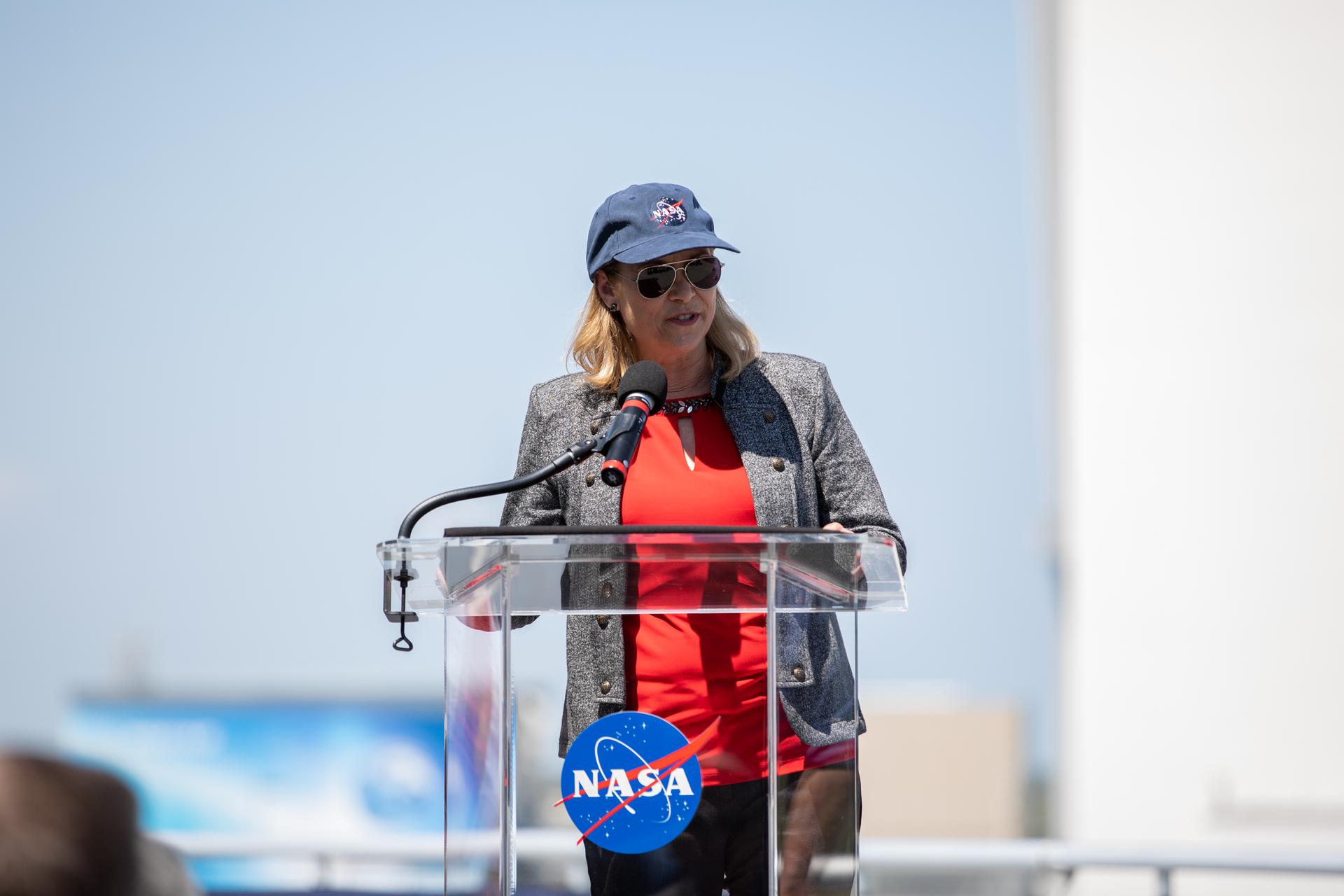 Image of Kennedy Space Center Director Janet Petro speaking to a crowd.