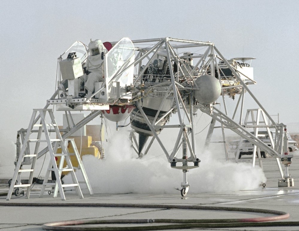 The Lunar Landing Research Vehicle-1 (LLRV-1) during an engine test at NASA's Flight Research Center (FRC)