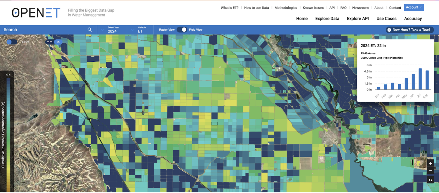 A satellite image is colored over with squares, like colored pixels, that range from deep blue to green to bright yellow.