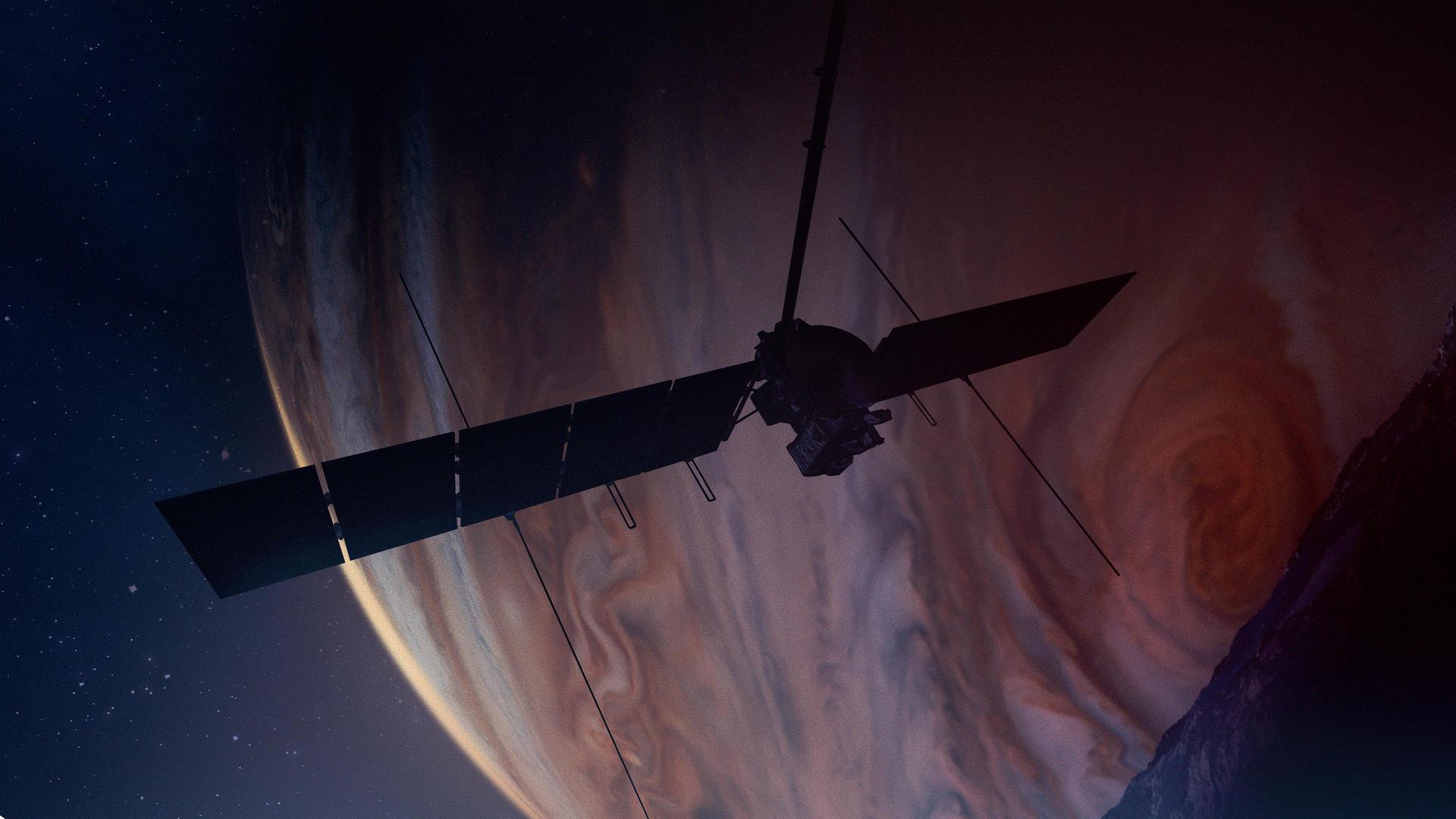 This artist’s concept depicts NASA’s Europa Clipper spacecraft in orbit at Jupiter