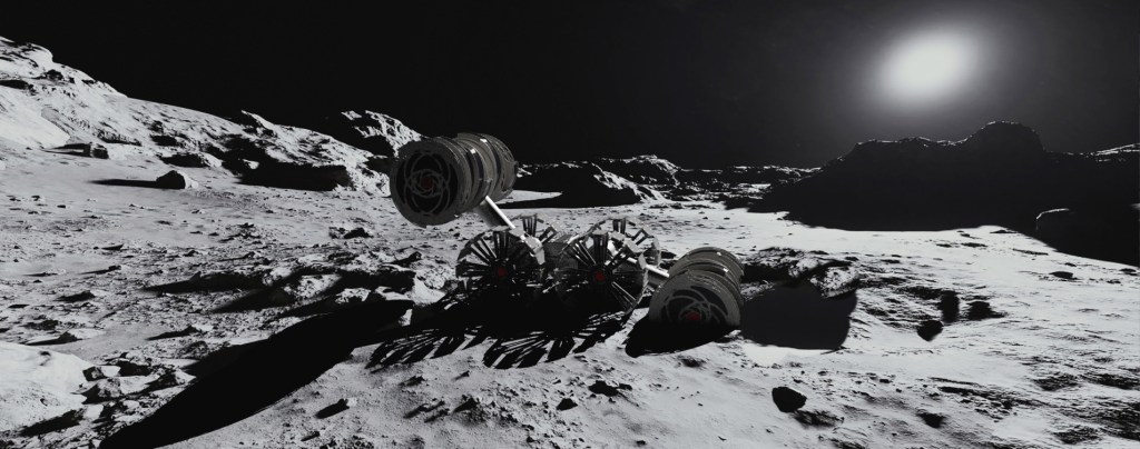 Conceptual graphic of the lunar surface with the sun casting light onto a robotic excavator traversing the rocky regolith.