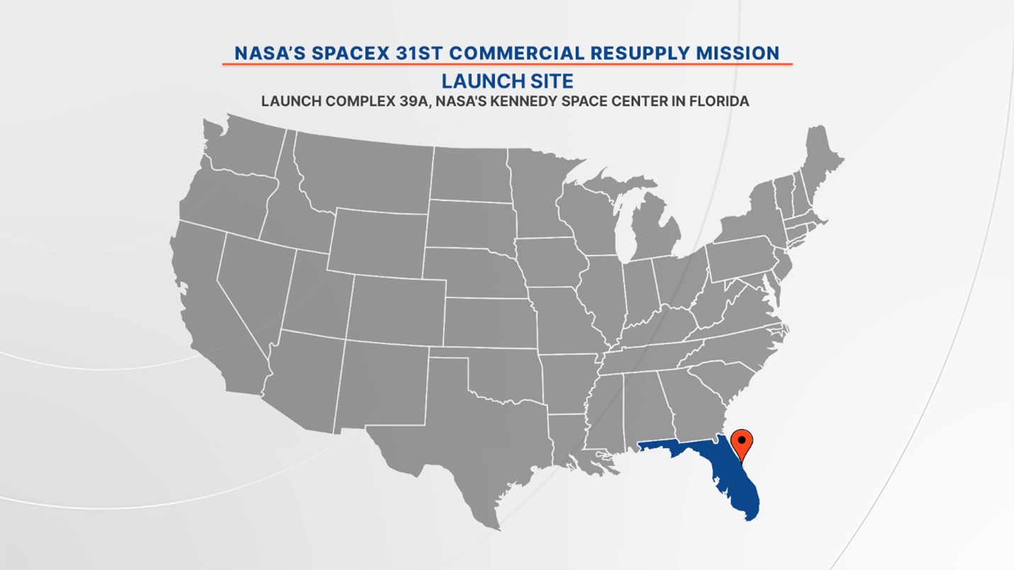 NASA’s SpaceX 31st commercial resupply mission will launch from Launch Complex 39A at NASA’s Kennedy Space Center in Florida.