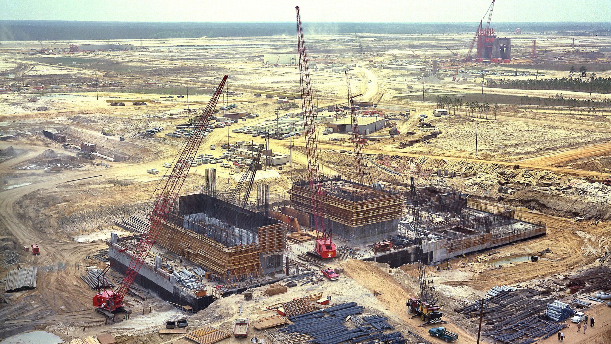  An aerial image from 1965 supporting space efforts shows the dual flame trenches of the Thad Cochran Test Stand (B-1/B-2) under construction 