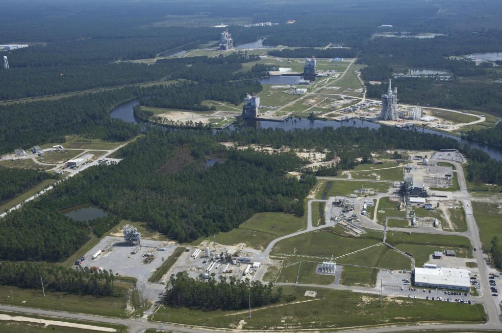 An aerial view of the three propulsion test areas at NASA’s Stennis Space