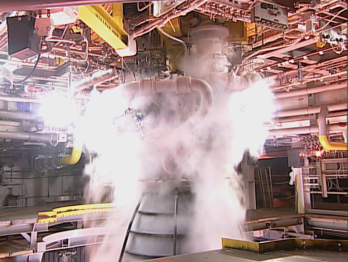 a closeup view of the first test of an RS-25 engine on the Fred Haise Test Stand