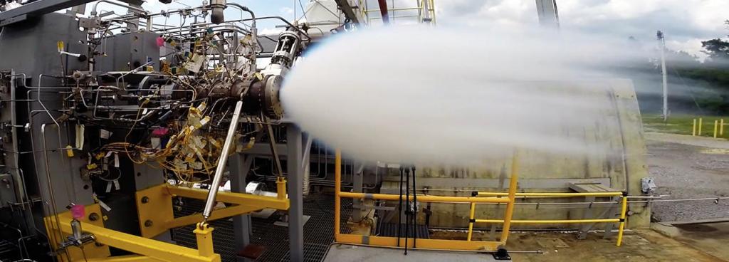 Operators at the E-2 Test Stand at NASA's Stennis Space Center conduct a test of the oxygen preburner component