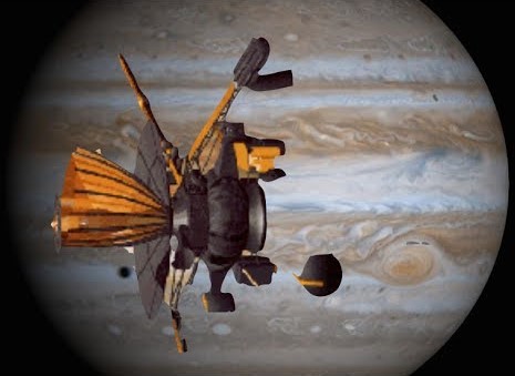 An illustration of Galileo in orbit around Jupiter