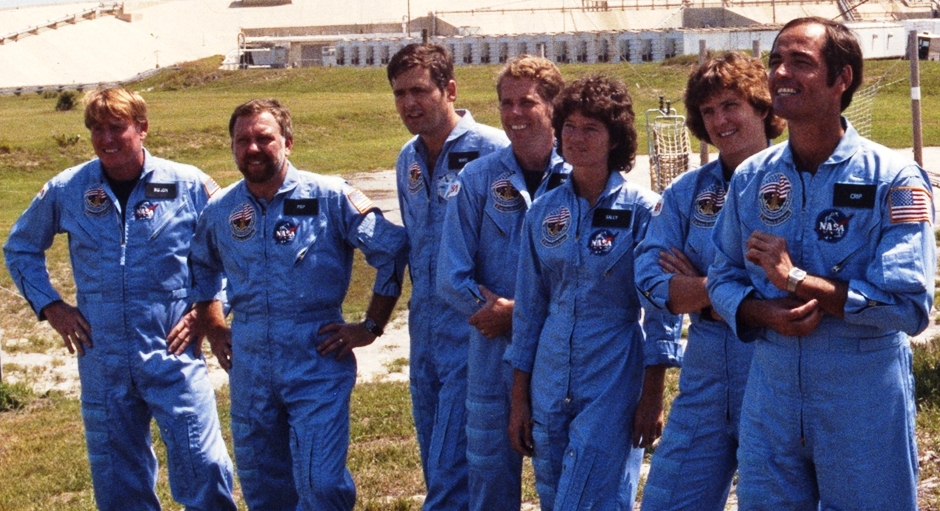 The STS-41G astronauts answer reporters' questions at Launch Pad 39A during the Terminal Countdown Demonstration Test