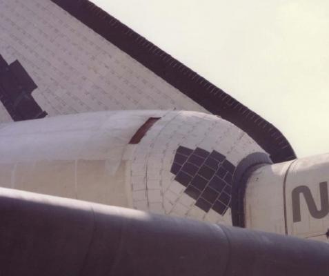 Missing insulation from Challenger's right hand Orbiter Maneuvering System pod as seen after landing