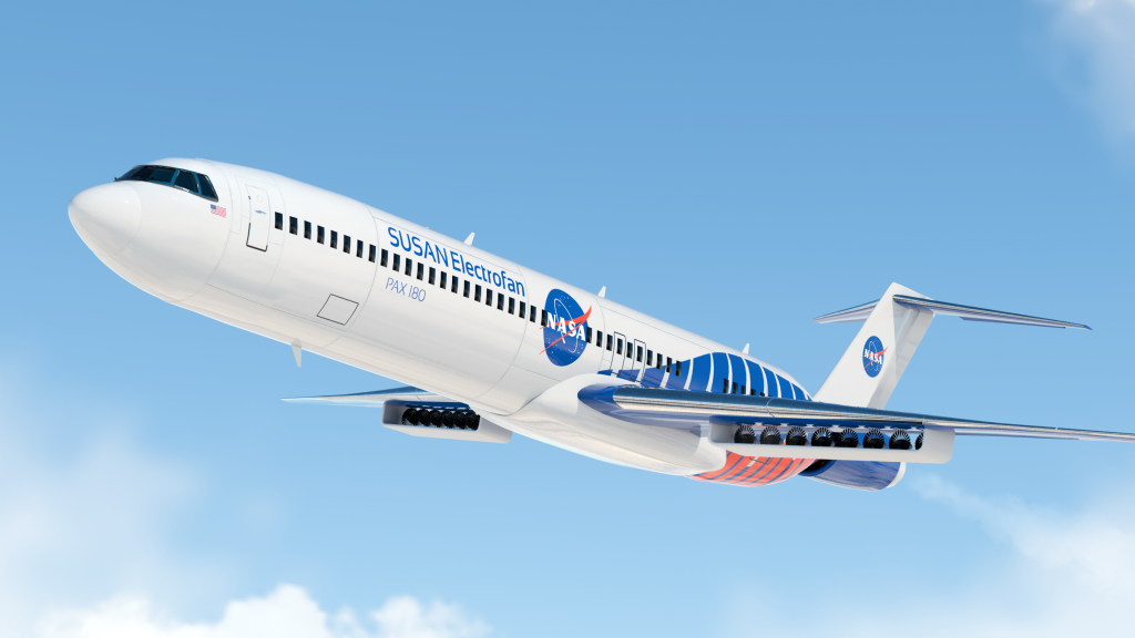 A rendering showing a front view of a single-aisle aircraft with eight electric engines under each wing flying across a blue sky. The words “SUSAN Electrofan” and “PAX 180” are displayed along the side of the fuselage, along with the NASA insignia on the side and tail of the aircraft.