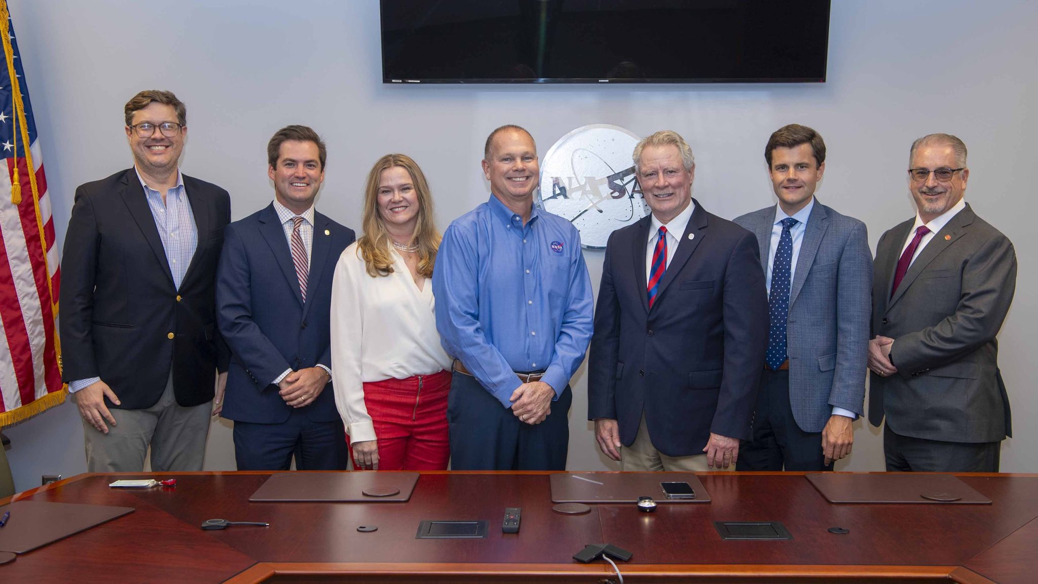 Pictured, from left to right, are: Davis Pace, president and CEO of MSET; William Kneip, director of External Relations and assistant to the Chancellor for Executive Affairs, University of Mississippi; Amy Lewis, executive director of Federal Relations, University of Mississippi; John Bailey, director of NASA Stennis; Dr. Glenn Boyce, chancellor of the University of Mississippi; Hughes Miller, senior director of Industry Engagement, University of Mississippi; and Dr. John Higginbotham, vice chancellor of Research and Economic Development, University of Mississippi.