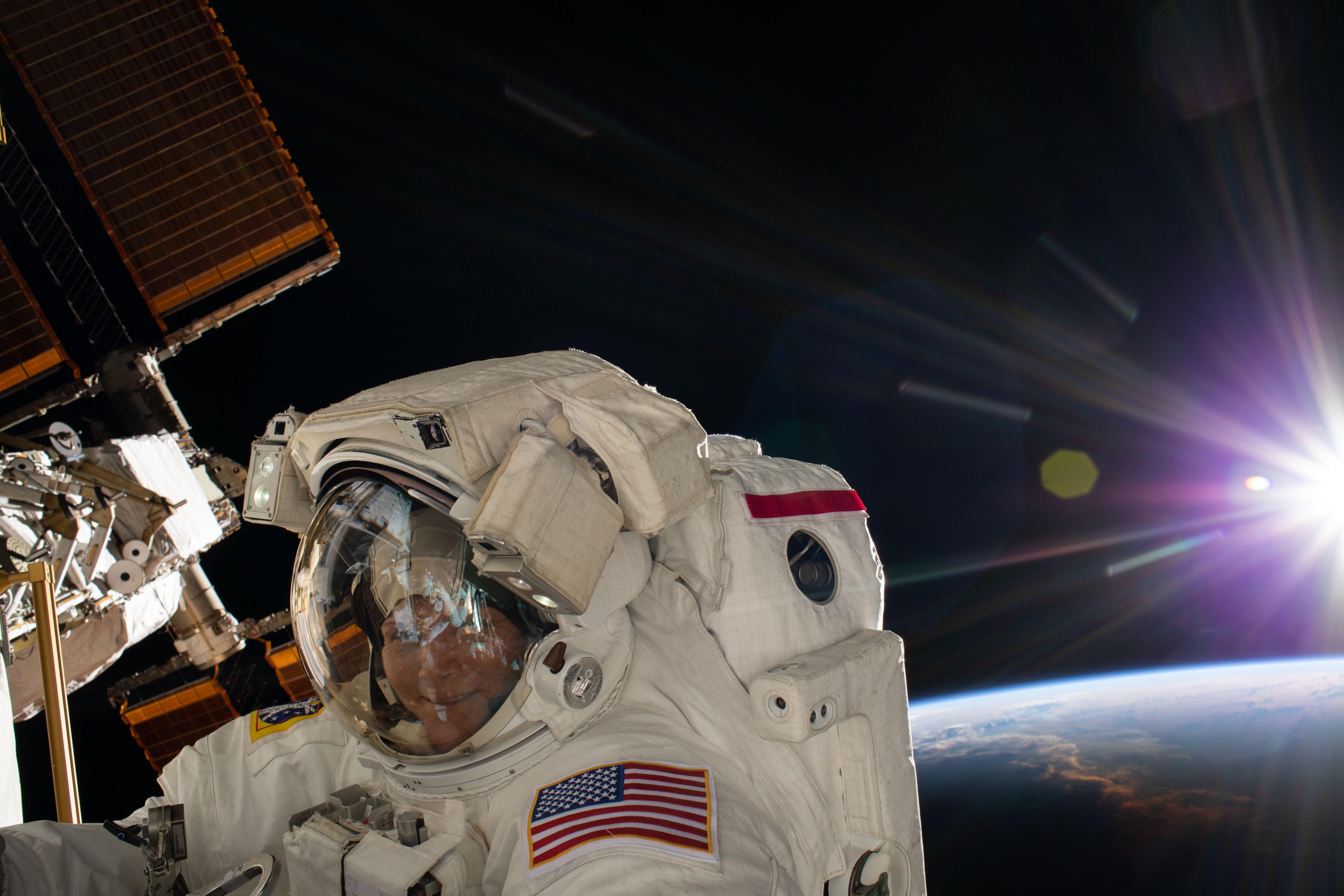 Expedition 59 NASA astronaut Anne C. McClain on the first of her two spacewalks