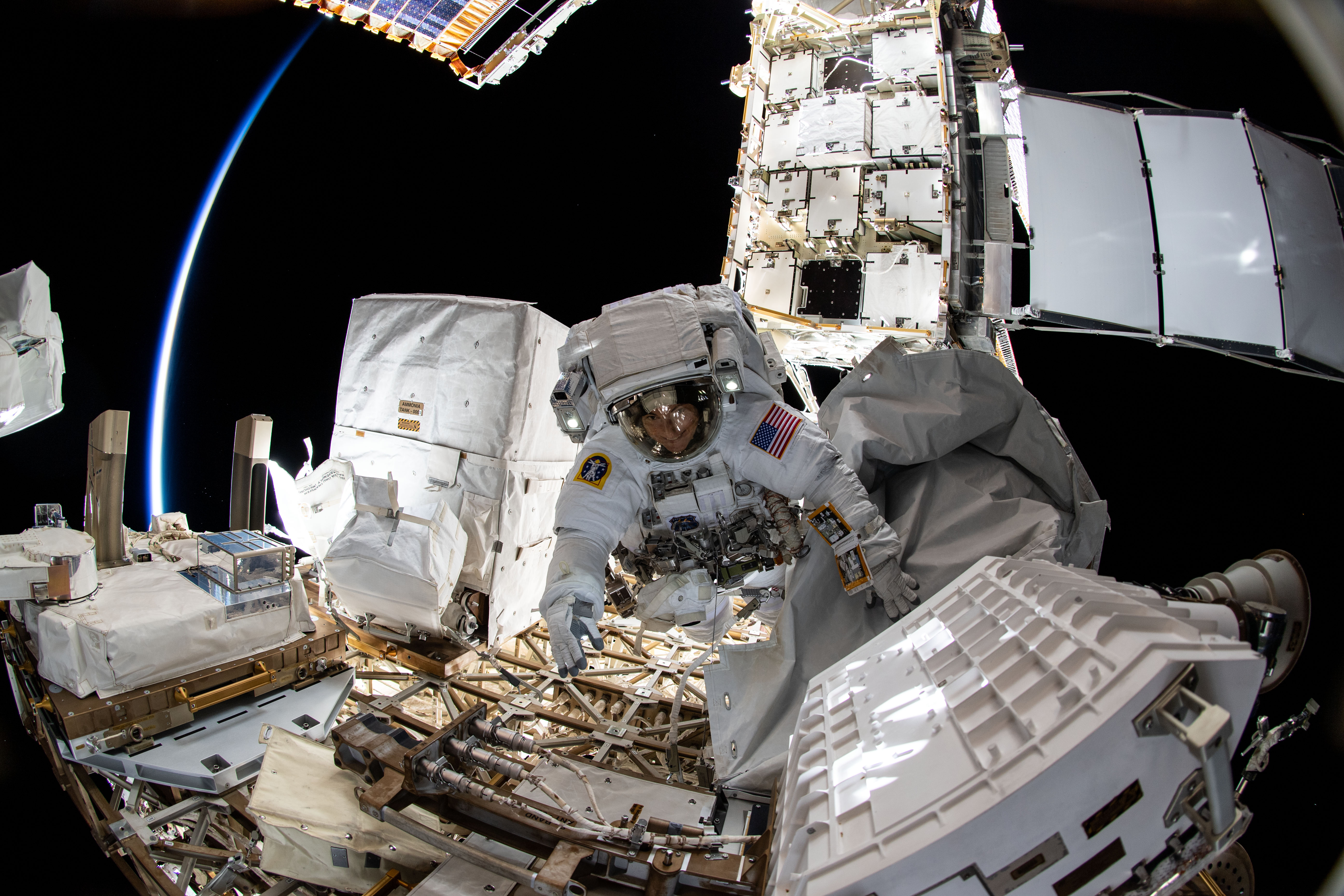 NASA astronaut Kayla S. Barron during the first of two spacewalks during Expedition 66