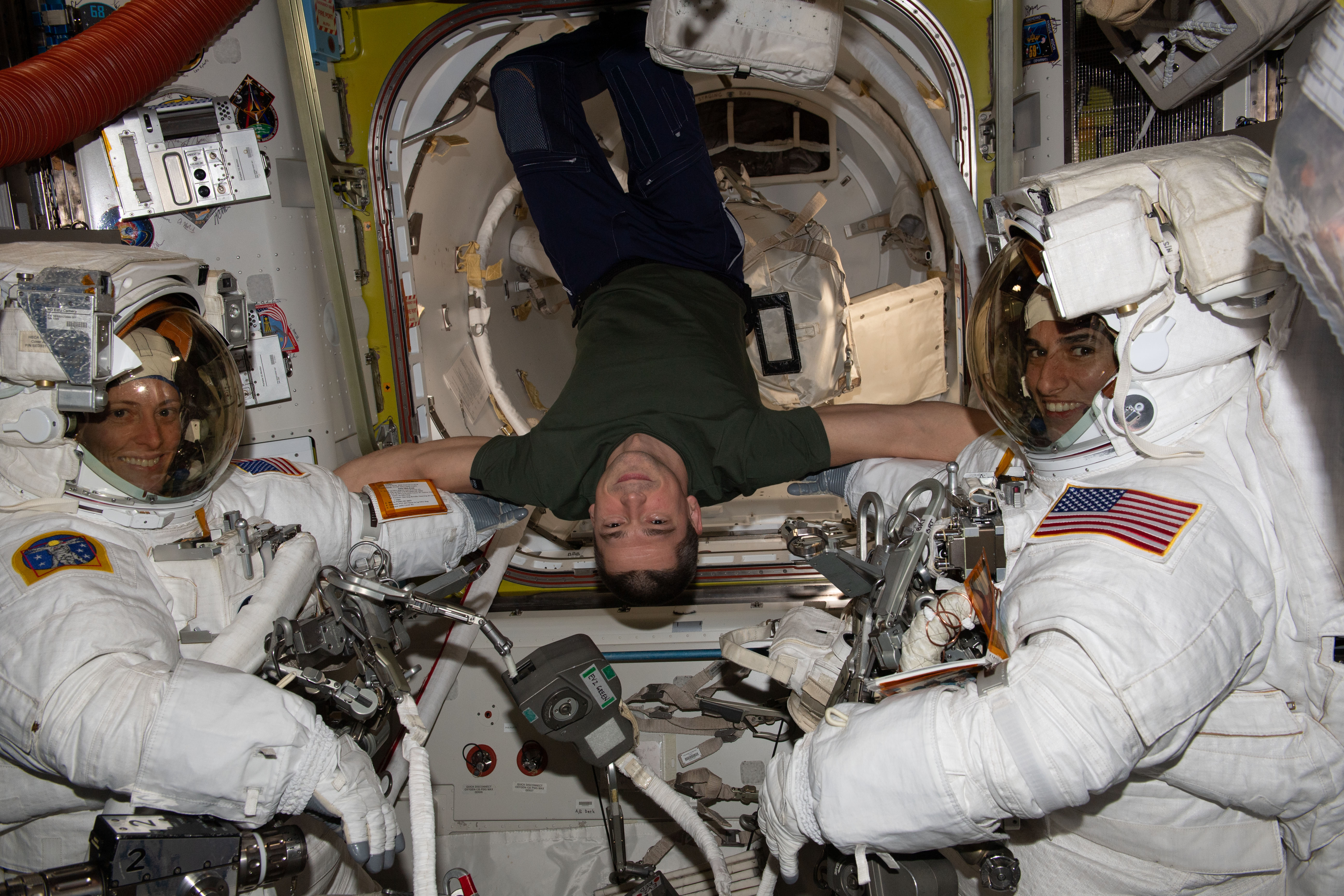 Laurel A. O’Hara, left, and Jasmin Moghbeli, right, prepare for their spacewalk during Expedition 70