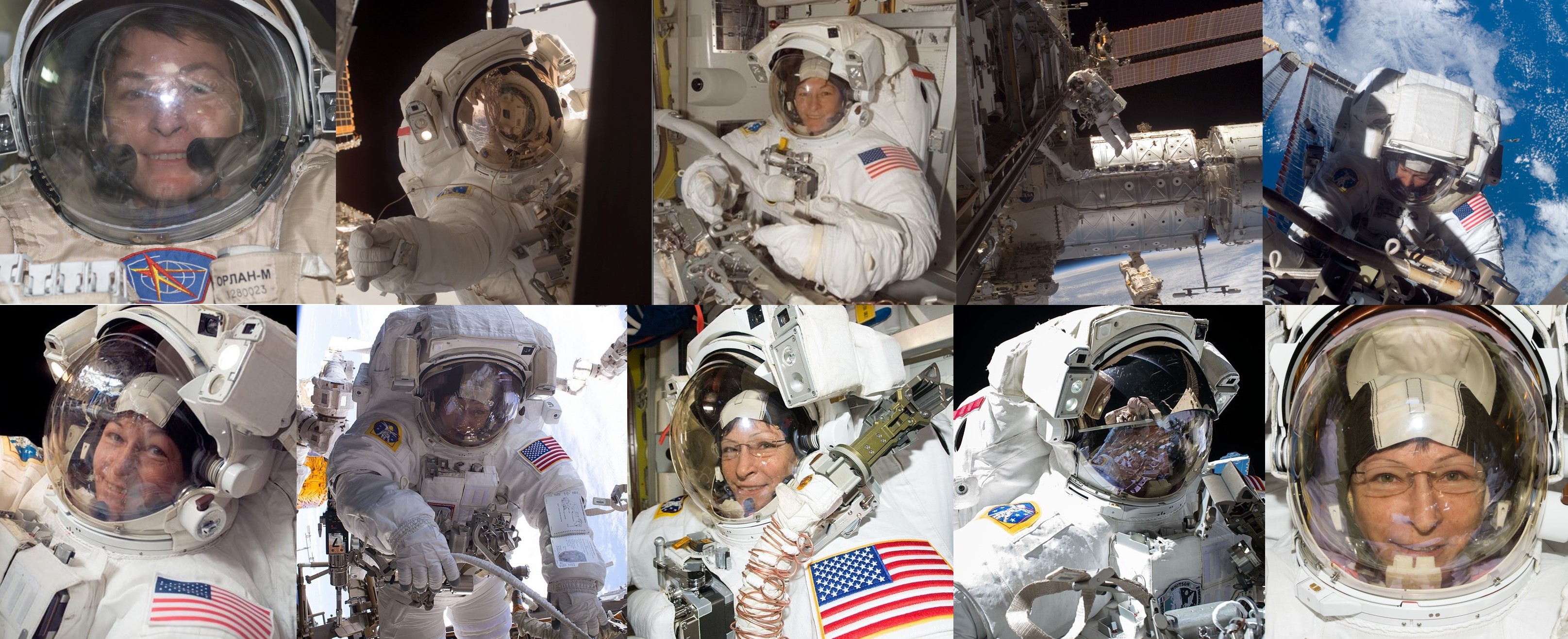 A collage of NASA astronaut Peggy A. Whitson’s 10 spacewalks during space station Expeditions 5, 16, and 50/51