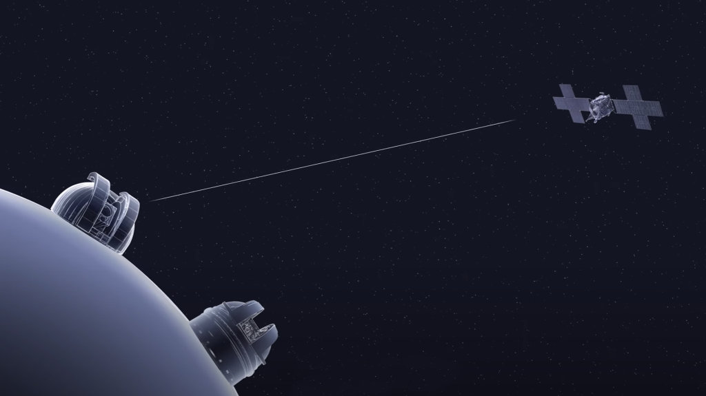 NASA’s Psyche spacecraft is depicted receiving a laser signal from the Deep Space Optical Communications