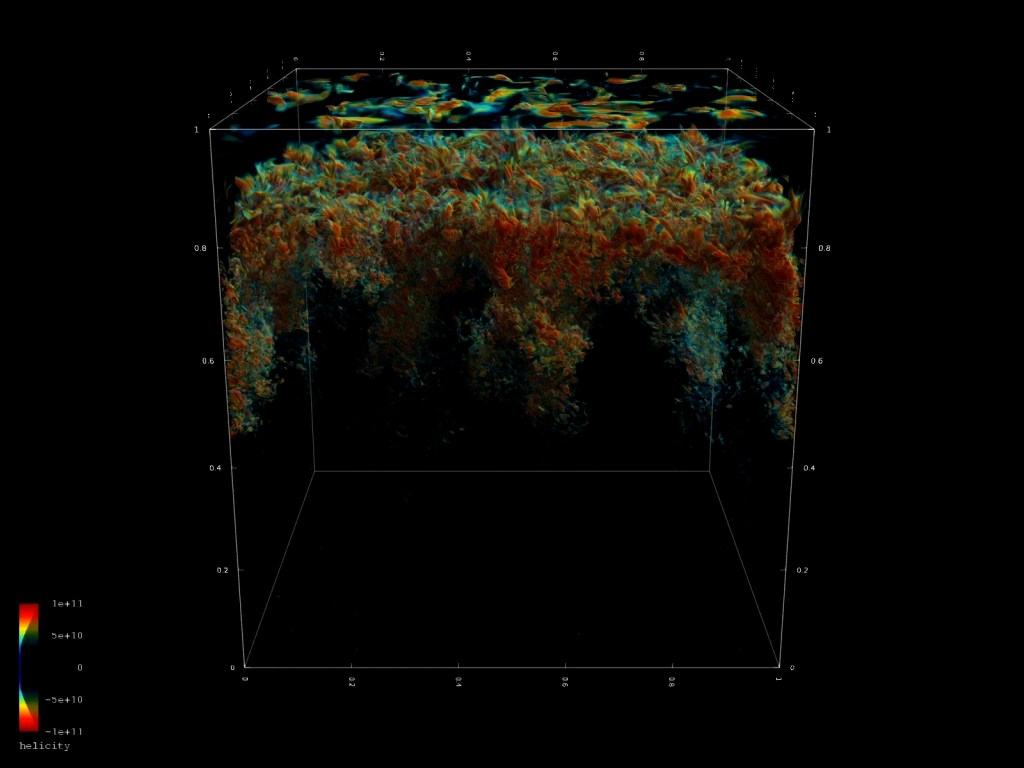 An image from a 3D simulation showing the evolution of turbulent flows in the upper layers of the Sun. The more saturated and bright reds represent the most vigorous upward or downward twisting motions. Clear areas represent areas where there is only relatively slow up-flows, with very little twisting.