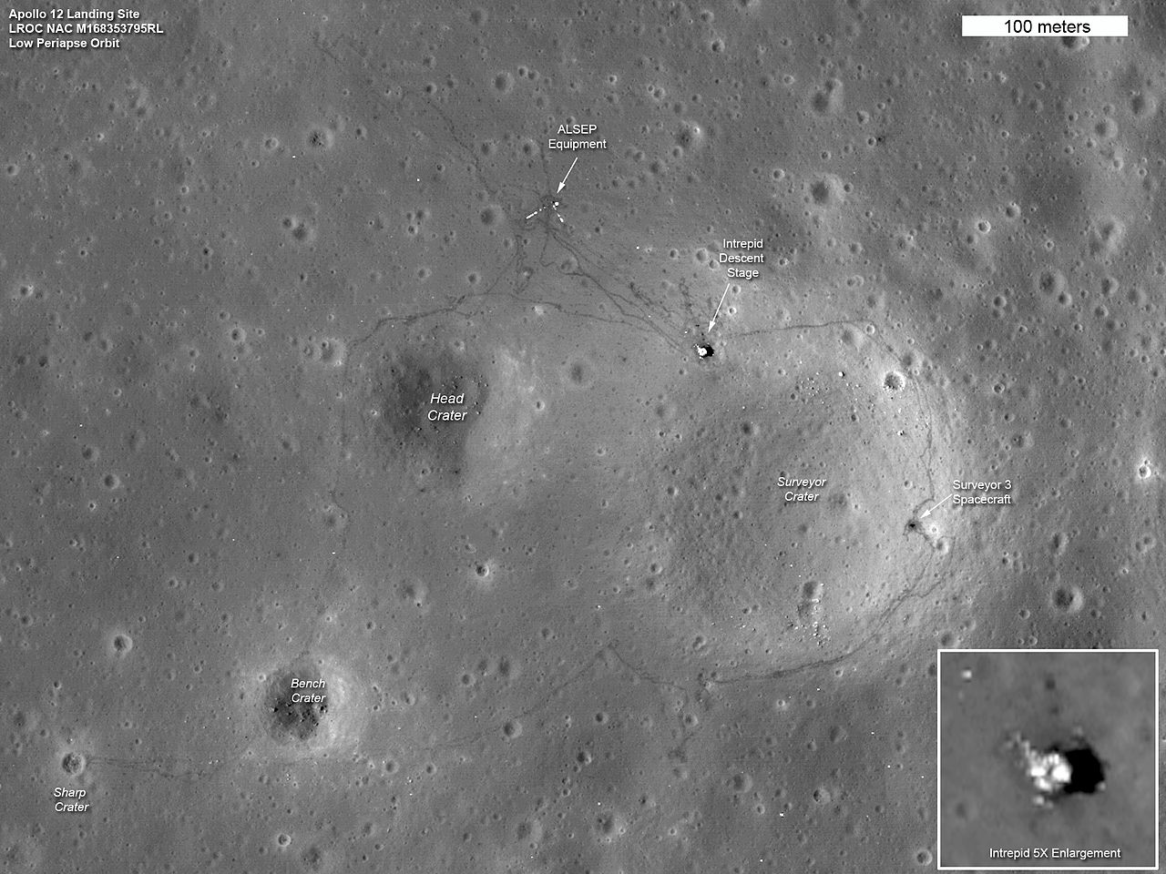 The Apollo 12 landing site photographed by the Lunar Reconnaissance Orbiter in 2011