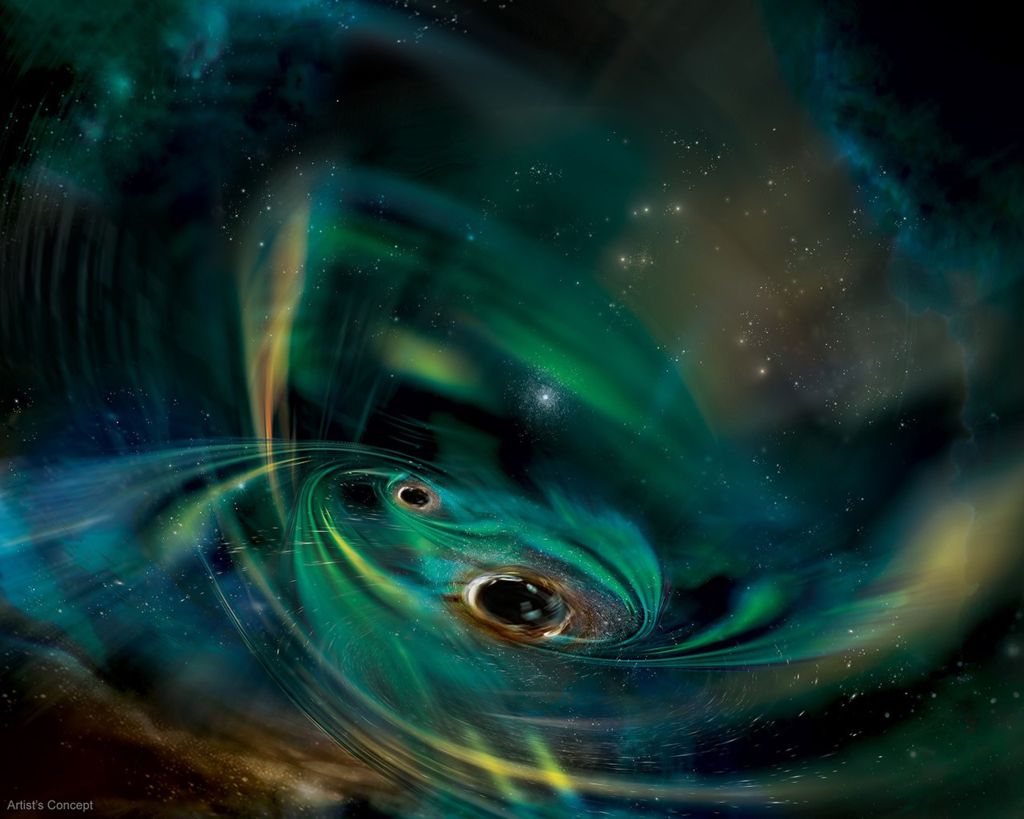 A pair of monster black holes swirl in a cloud of gas in this artist’s concept of AT 2021hdr, a recurring outburst studied by NASA’s Neil Gehrels Swift Observatory and the Zwicky Transient Facility at Palomar Observatory in California.