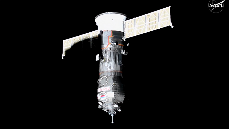 The Progress 90 cargo craft carrying nearly three tons of food, fuel, and supplies approaches the International Space Station for a docking to the Poisk module. Credit: NASA+