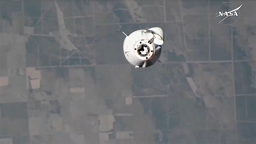 The SpaceX Dragon cargo spacecraft is pictured from an external space station camera approaching the orbital outpost above Argentina on Tuesday, Nov. 5