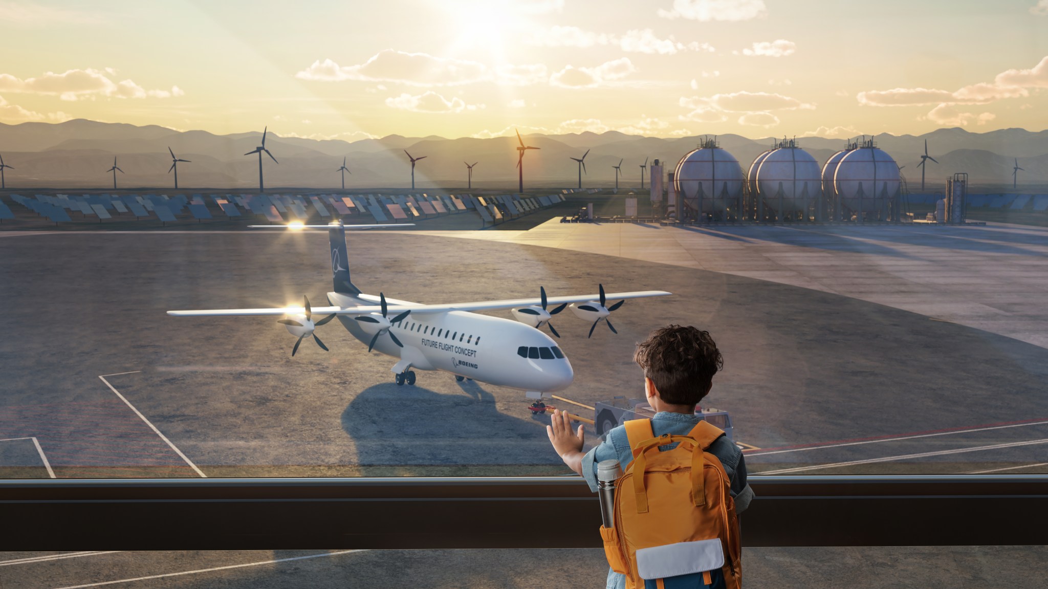 An artist’s concept that depicts an airliner with two propeller engines on each wing resting on airport tarmac. The aircraft is viewed through a window and, in the foreground, a small child with dark hair and a yellow backpack looks at it, with his hand resting on the glass. Sustainable infrastructure is visible in the far background, including wind turbines and large tanks.