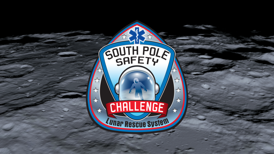 Challenge logo for the South Pole Safety challenge overlayed on an image of the lunar surface.