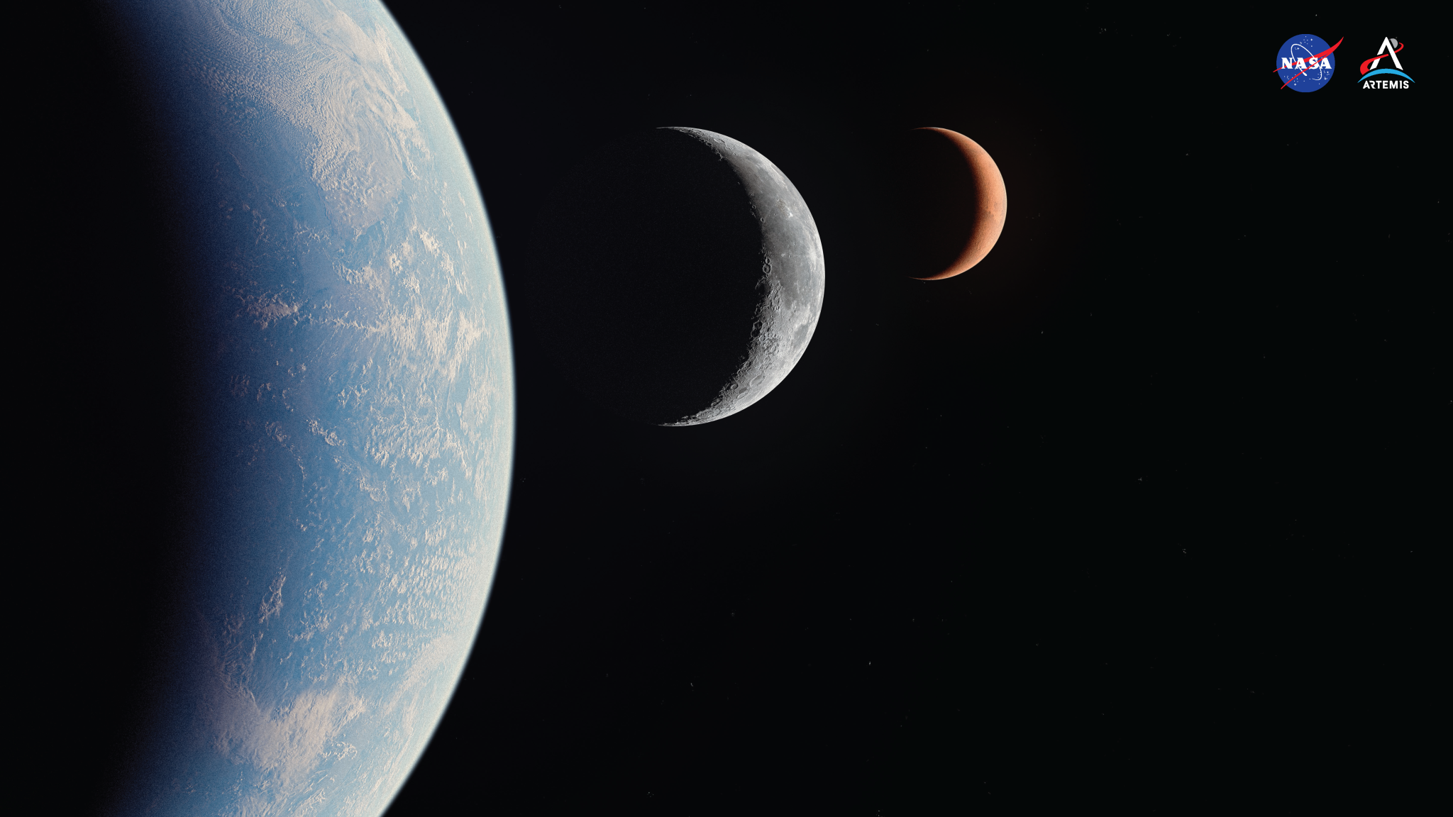 An artist’s concept showing, from left, the Earth, Moon, and Mars in sequence. At the left quadrant of the pitch-black background, nearly half of the Earth is shown close up, showing details like deep blue oceans and white clouds on the far-right portion. A shadow covers Earth on the left side. Slightly further in the distance and smaller in size is the Moon in a waxing crescent phase, with most of the Moon in shadow except a bright sliver visible at the right side. Further in distance and smaller in size from the Moon, Mars is also shown in mostly covered in shadow, with only a sliver of the pale orange planet visible at the right side.