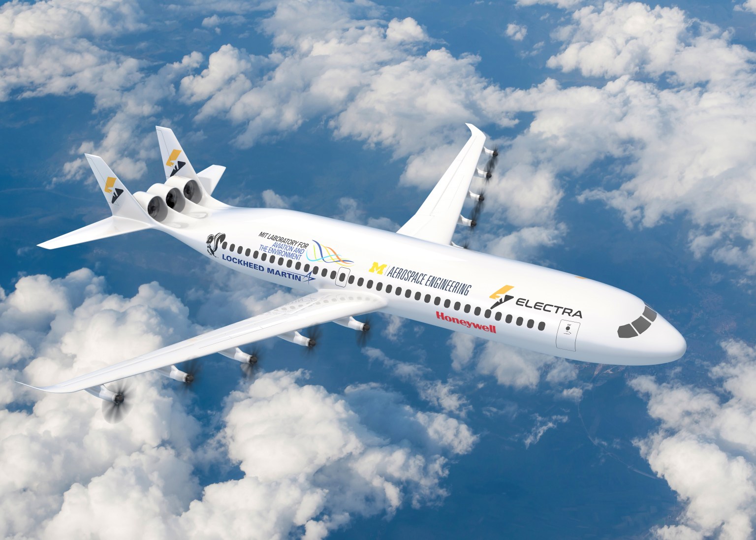 An artist’s concept that depicts a large, broad, white airliner with five propellers on each wing and twin tails with three air intakes between them. The concept aircraft is shown flying above the clouds in a blue sky.