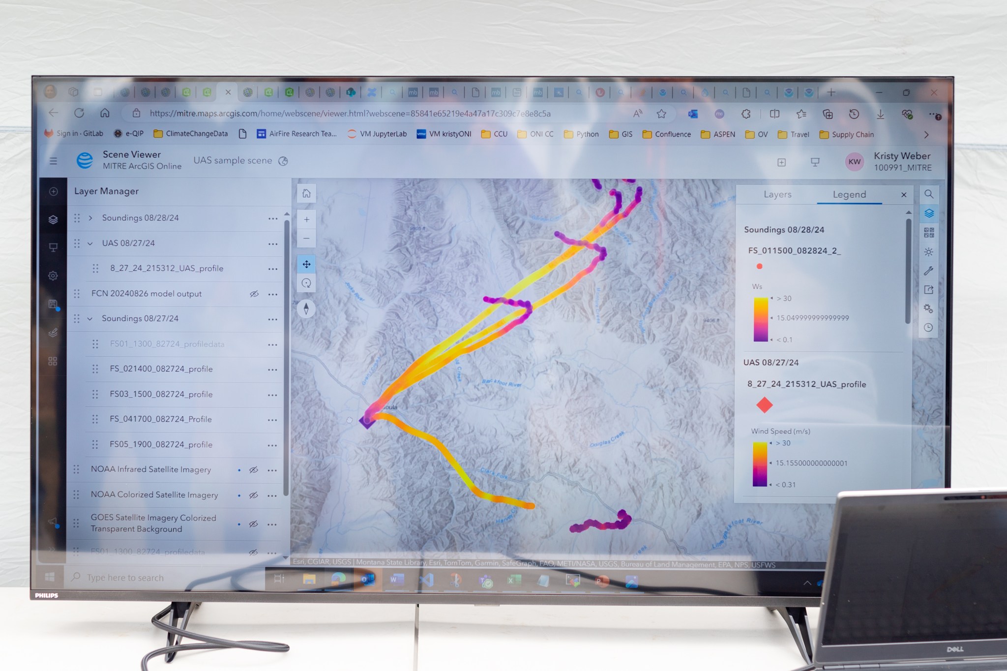 An early data visualization from the Esri team shows the flight path of different weather balloon launches from the first day of the FireSense uncrewed aerial system (UAS) technology demonstration in Missoula, Montana. The paths are color coded by wind speed, from purple (low wind) to bright yellow (high wind).