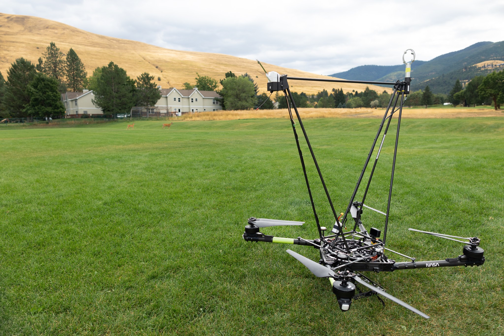 The NASA Alta X quadcopter sits in a field in Missoula, Montana, outfitted with a structure engineered at Langley Research Center to carry a radiosonde and an anemometer into the air. In the background, two deer make their way across the field. The drone and its payload were part of the August 2024 FireSense campaign, which looked at the applicability of using controllable, repeatable airborne measurements to more accurately predict fire and smoke behavior.