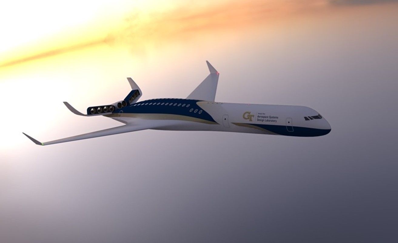 An artist’s concept of an airliner with swept-back wings and 10 engines mounted between a large twin tail. The concept aircraft, white with blue and gold detailing on the back of it, is pictured flying above a cloud with an orange horizon in the background.