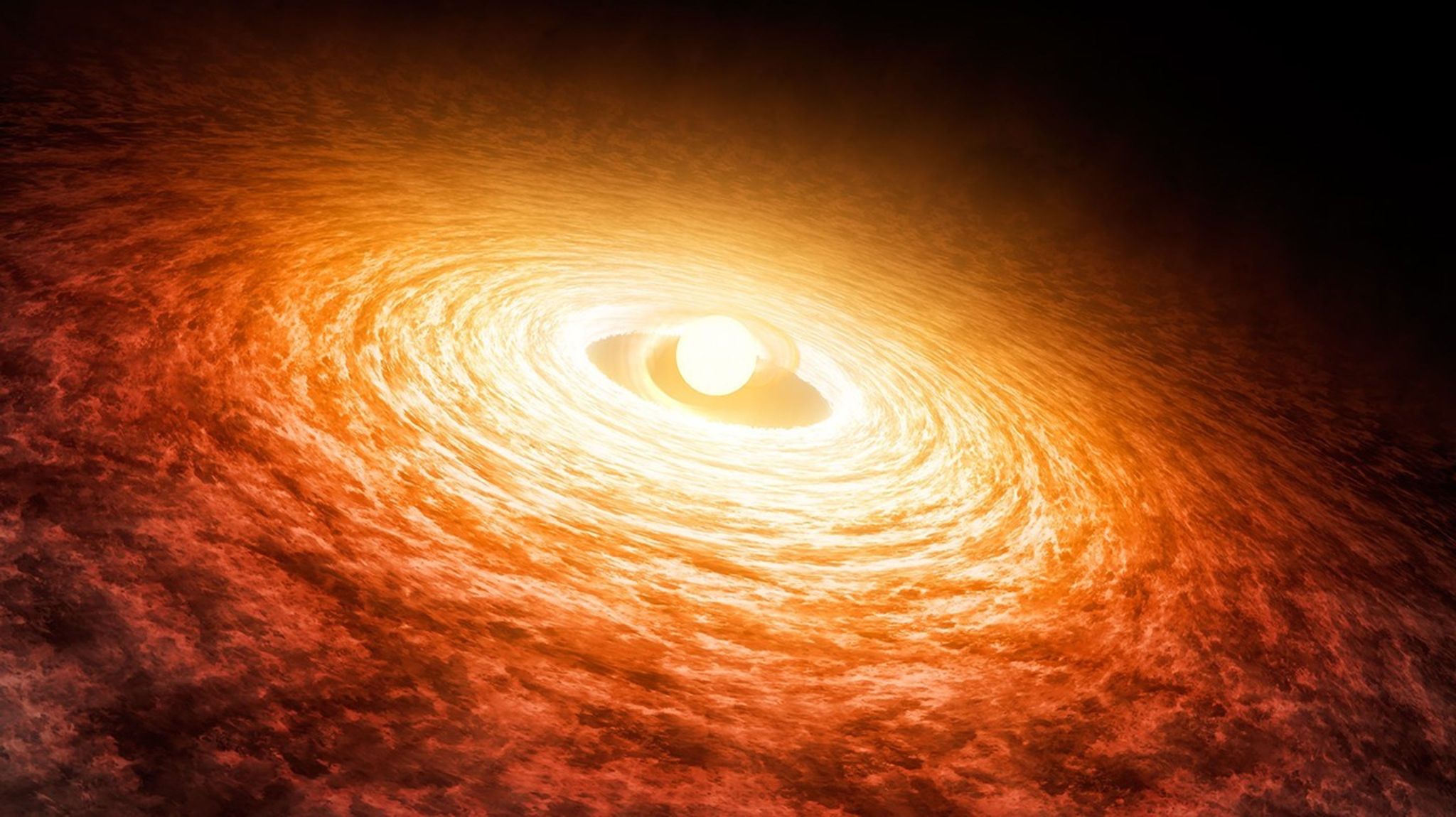 This is an artist's concept of the early stages of the young star FU Orionis (FU Ori) outburst, surrounded by a disk of material. A team of astronomers has used the Hubble Space Telescope's ultraviolet capabilities to learn more about the interaction between FU Ori's stellar surface and the accretion disk that has been dumping gas onto the growing star for nearly 90 years. They found that the inner disk, touching the star, is much hotter than expected—16,000 kelvins—nearly three times our Sun's surface temperature. That sizzling temperature is nearly twice as hot as previously believed.